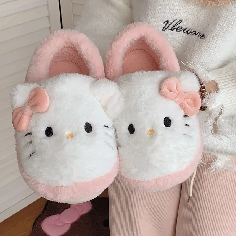 شتاء جديد الكرتون مرحبا كيتي النساء نعال قماش المنزل المضادة للانزلاق الخريف لطيف الفتيات الدافئة المنزل داخلي طالب نعال من القطن