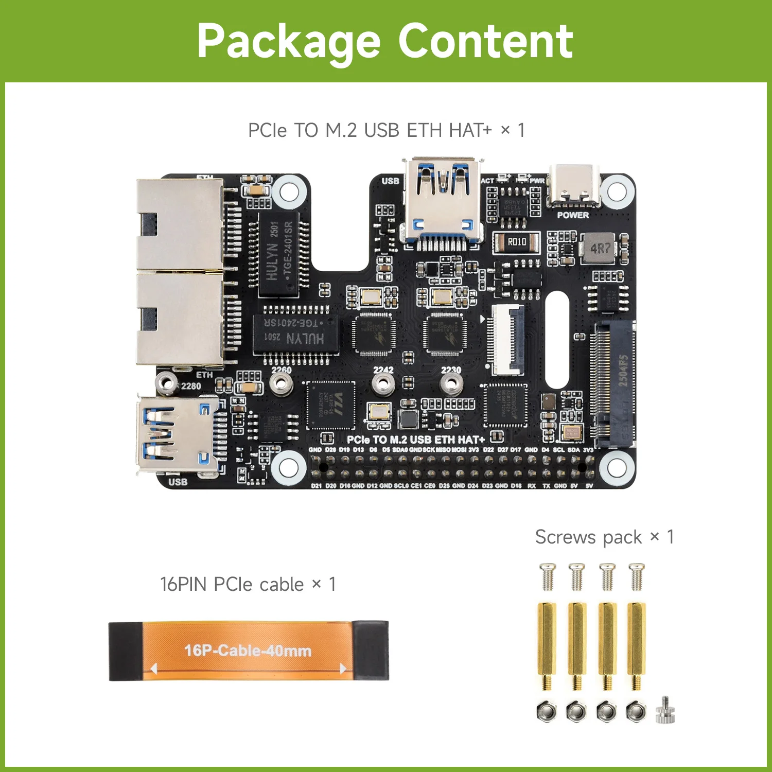 

Адаптер Waveshare PCIe к USB 3.2 Gen1 / 2.5G ETH / M.2 NVMe для Raspberry Pi 5, расширяет 2-канальные порта USB 3.2 2-канальные порты Ethernet