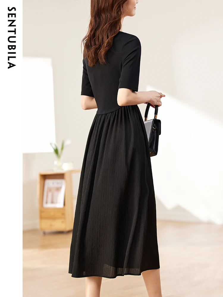 SENTUBILA Black Dress for Women A-Line Spring Summer Fashion Square Collar Formal Occasion Dresses Female Clothes  121L39538