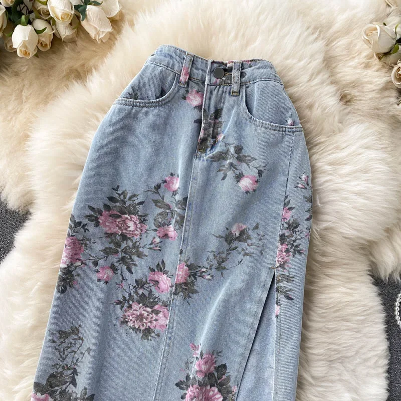 Floral Print Denim Skirt Women 2023 New Summer Autumn Long Jeans Skirt High Waist Sexy Side Split Vintage Party Skirts New