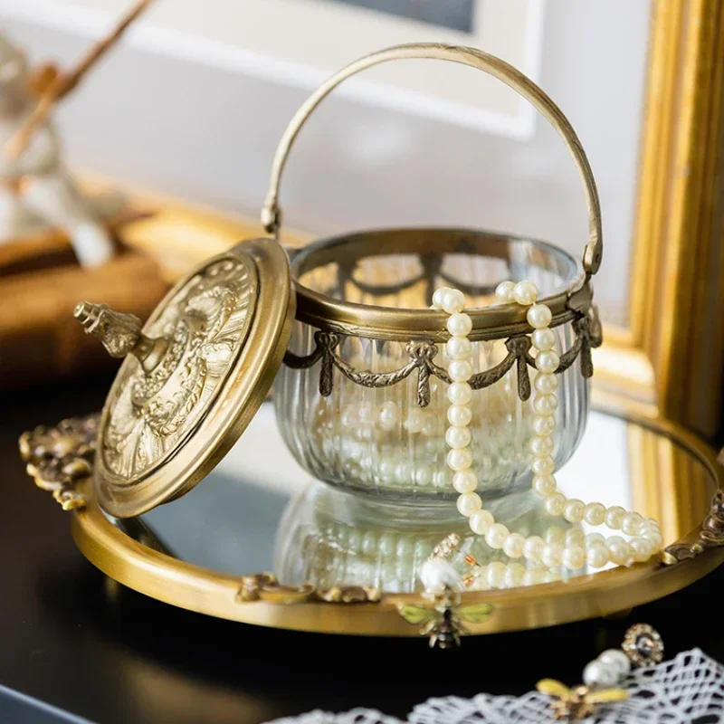 Light Luxury Vintage Storage Can Snacks and Dried Fruit Storage Can Brass Tea with Handle Decoration Storage  Jar