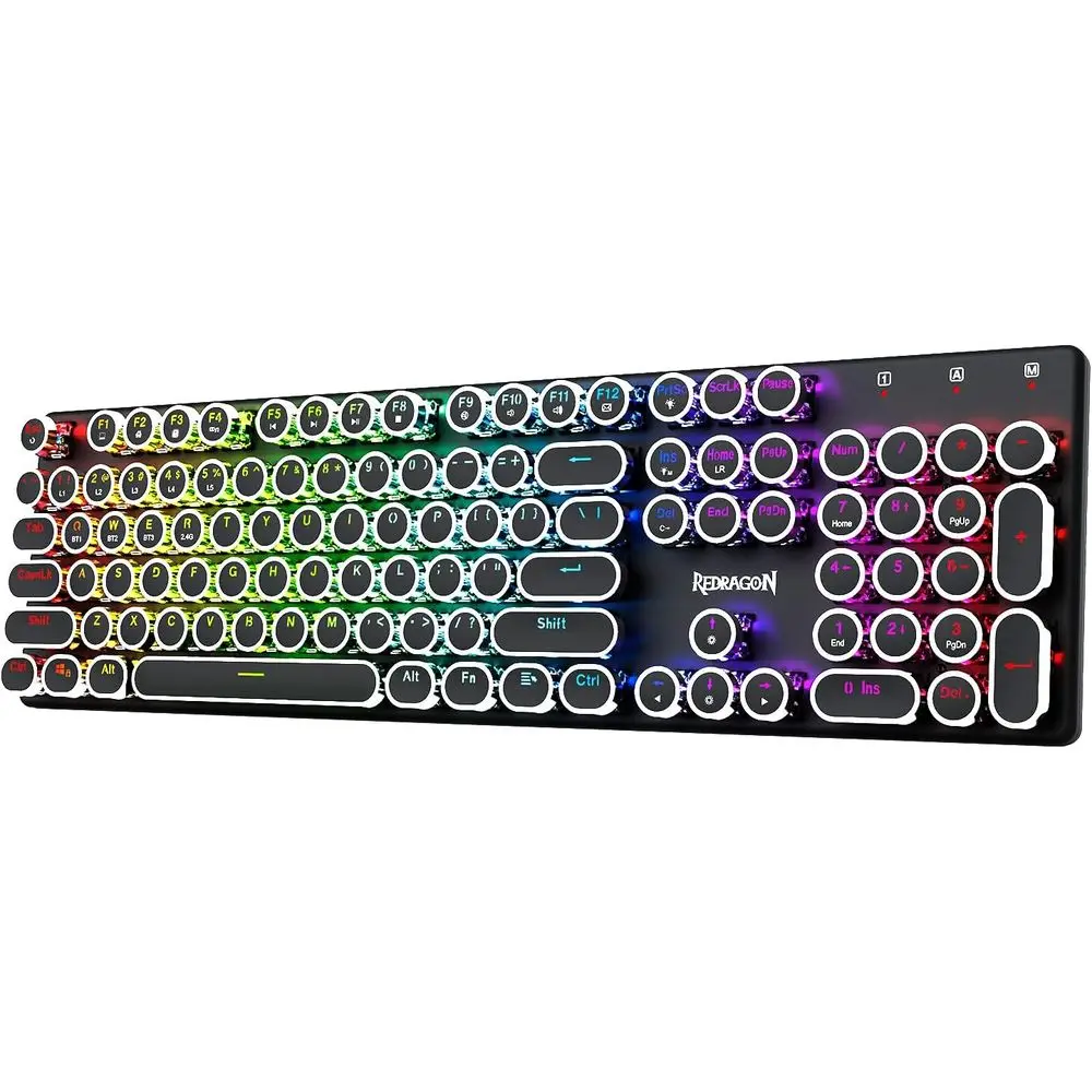 Mechanical Gaming Keyboard with RGB Backlit, Rechargeable, Blue Switches, Metal Panel, Round Keys, Black
