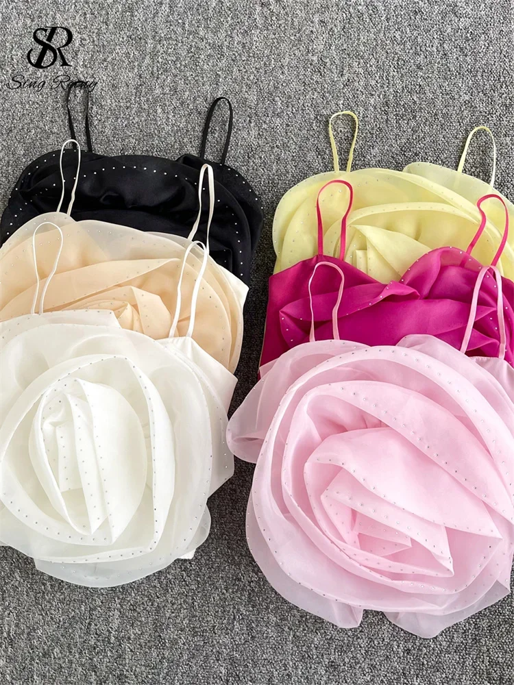 

SINGREINY 2025 Summer 3D Flowers Women Camisole Diamonds Design Elastic Slim Camisole Fashion Solid Streewear Sweet Sexy Camis