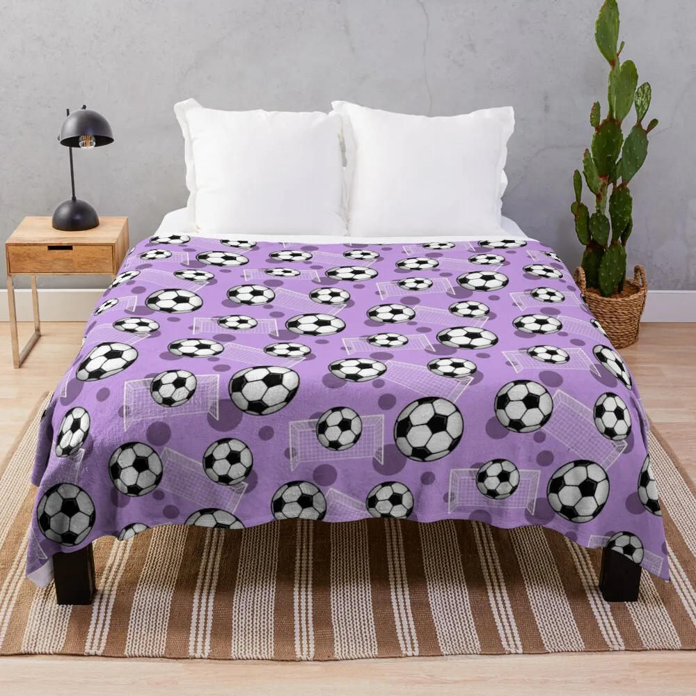 Soccer Ball and Goal Purple Pattern - Purple Soccer Throw Blanket For Sofa Thin Comforter Personalized Gift Blankets