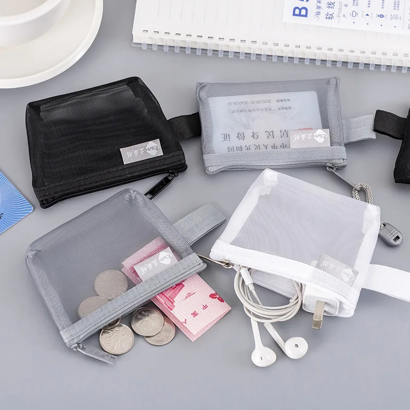 Transparent Nylon Mesh Coin ID Credit Cards Bag Keys Earphone Charge Cable Storage Bag Organizer Mini Stationery Bags Wallet