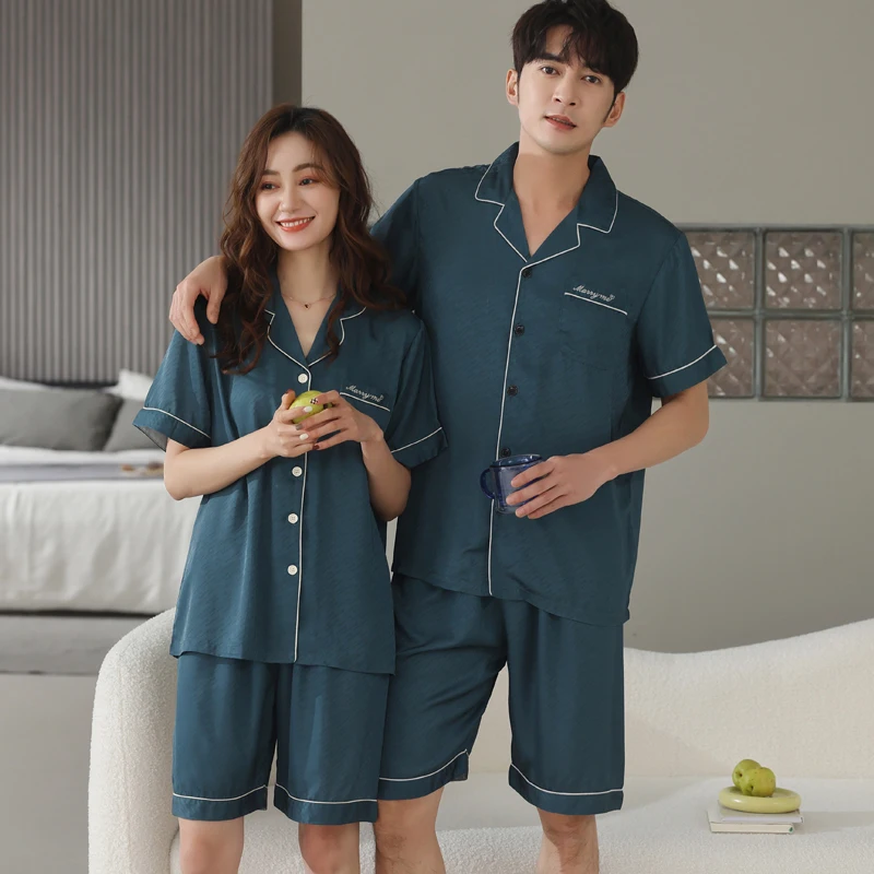 

Silk Women Pajamas for Couples Spring Summer Loose Cool Pajama Sets Luxury Jacquard Pijama Soft Skin-friendly Pyjama for Men