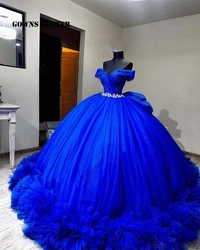 Off The Shoulder King Blue 15 Quinceanera Dresses Crystal Waist Tulle Ruched Train Bow Ball Gown lace-up Graduation Party Dress