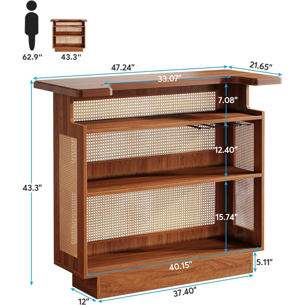 Rattan Home Bar Unit, Farmhouse 4-Tier Bar Table with 4 Stemware Racks and Heightened Base, Wine Cabinet Mini Table