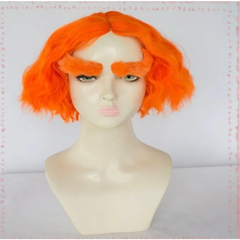 Peluca de cosplay rizada corta para hombre y cejas, pelucas naranjas, pelucas de cosplay para disfraz de anime para fiesta de Halloween, cabello divertido para adultos