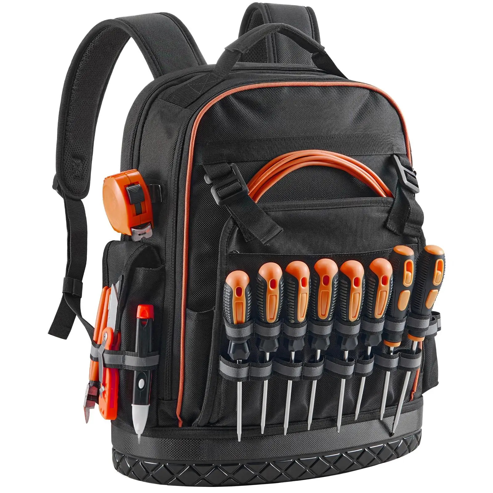 64 Pocket Heavy Duty Tool Storage Backpack with Laptop Compartment and Molded Base for electrician Repairman and HVAC Jobsite Work