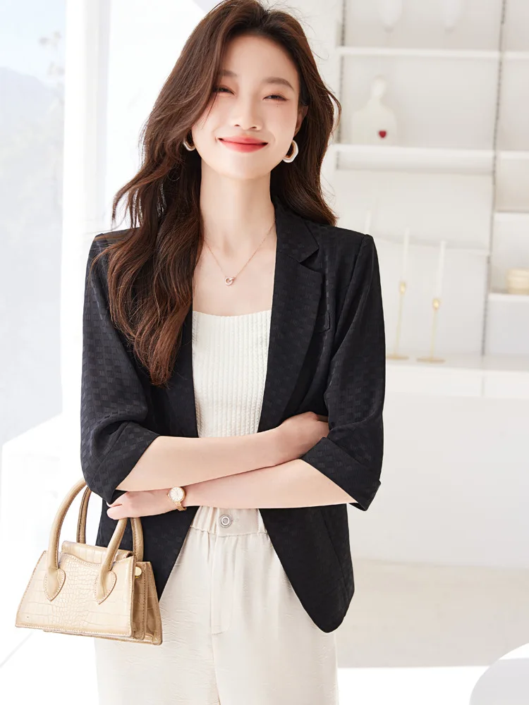 

Black Short Suit Coat for Women2024New Thin Three-Quarter Sleeve Top Small Casual High-Grade Suit