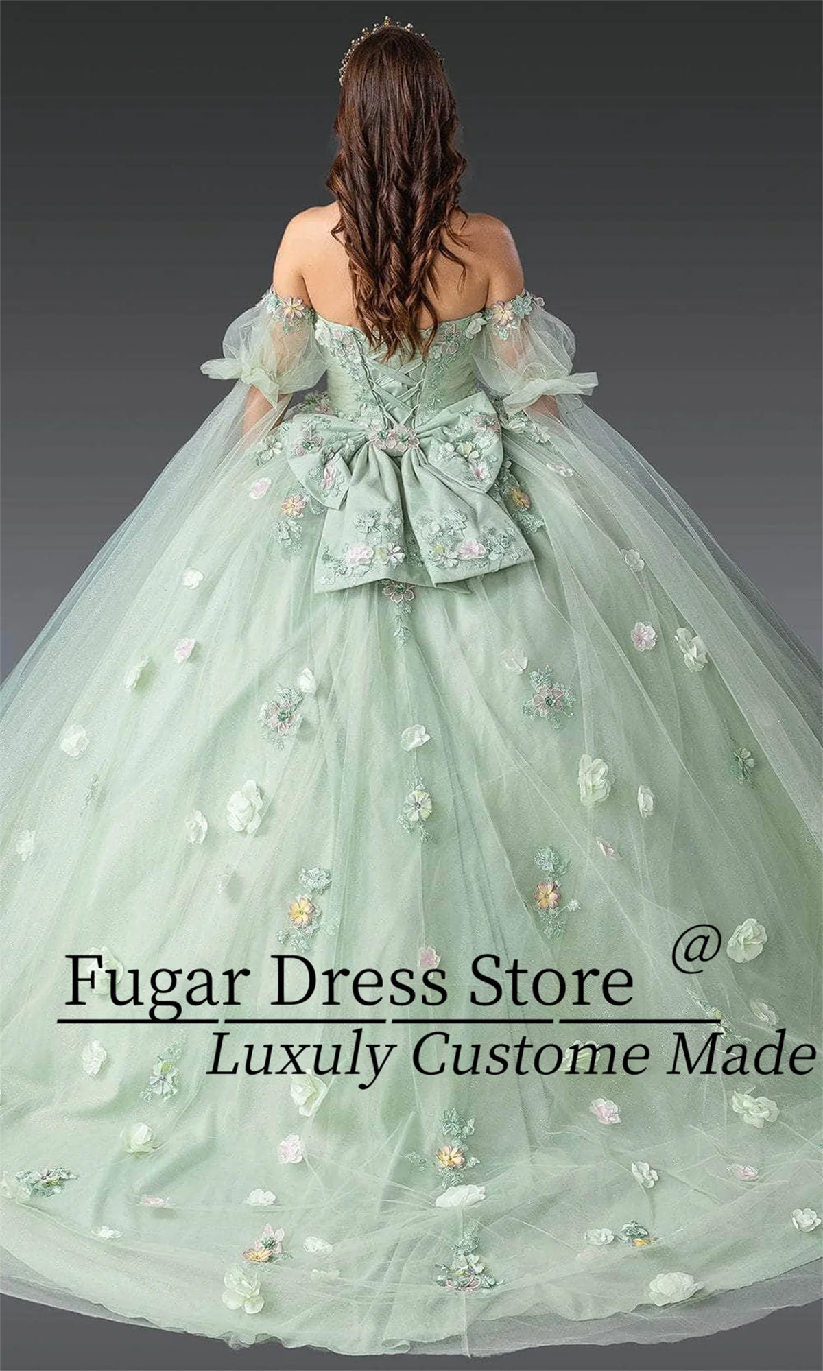 ที่กําหนดเอง 3D ดอกไม้ Appliques Quinceanera Off-Shoulder SHEER Cape แขนลูกปัด Bow Accent ชุด Vestidos De Novias