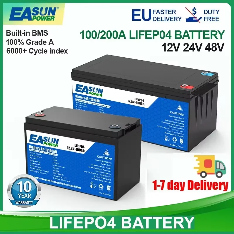 Easun 12 В/24 В 100/200 Ач Lifepo4 Аккумулятор класса A + параллельный и настраиваемый + 2000 циклов жизни Польский запас для дома