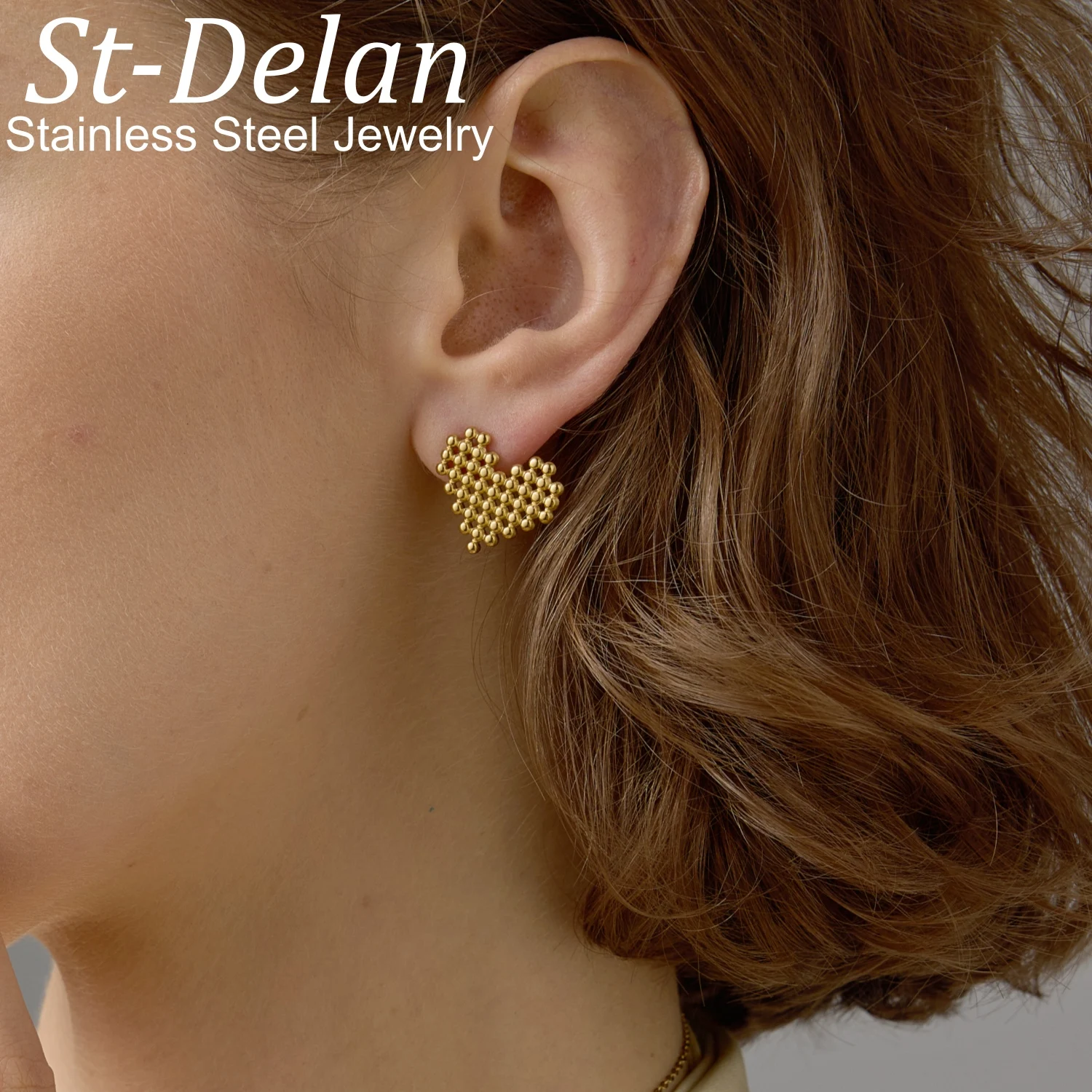 St-Delan Stainless Steel Beaded Heart Stud Earrings 17x19mm Textured Dot V-Shaped Earrings for Women  Fashion Jewelry