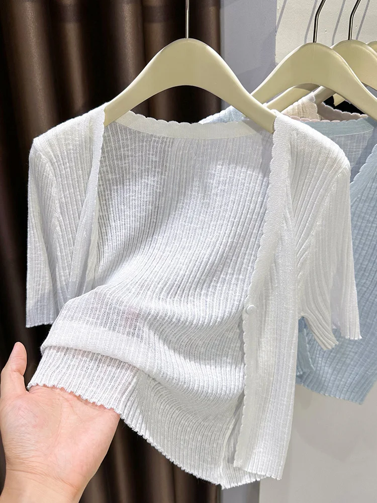 

Белый летний легкий кардиган из трикотажного шелка для женщин, дышащий накидка-юбка, маленький размер...