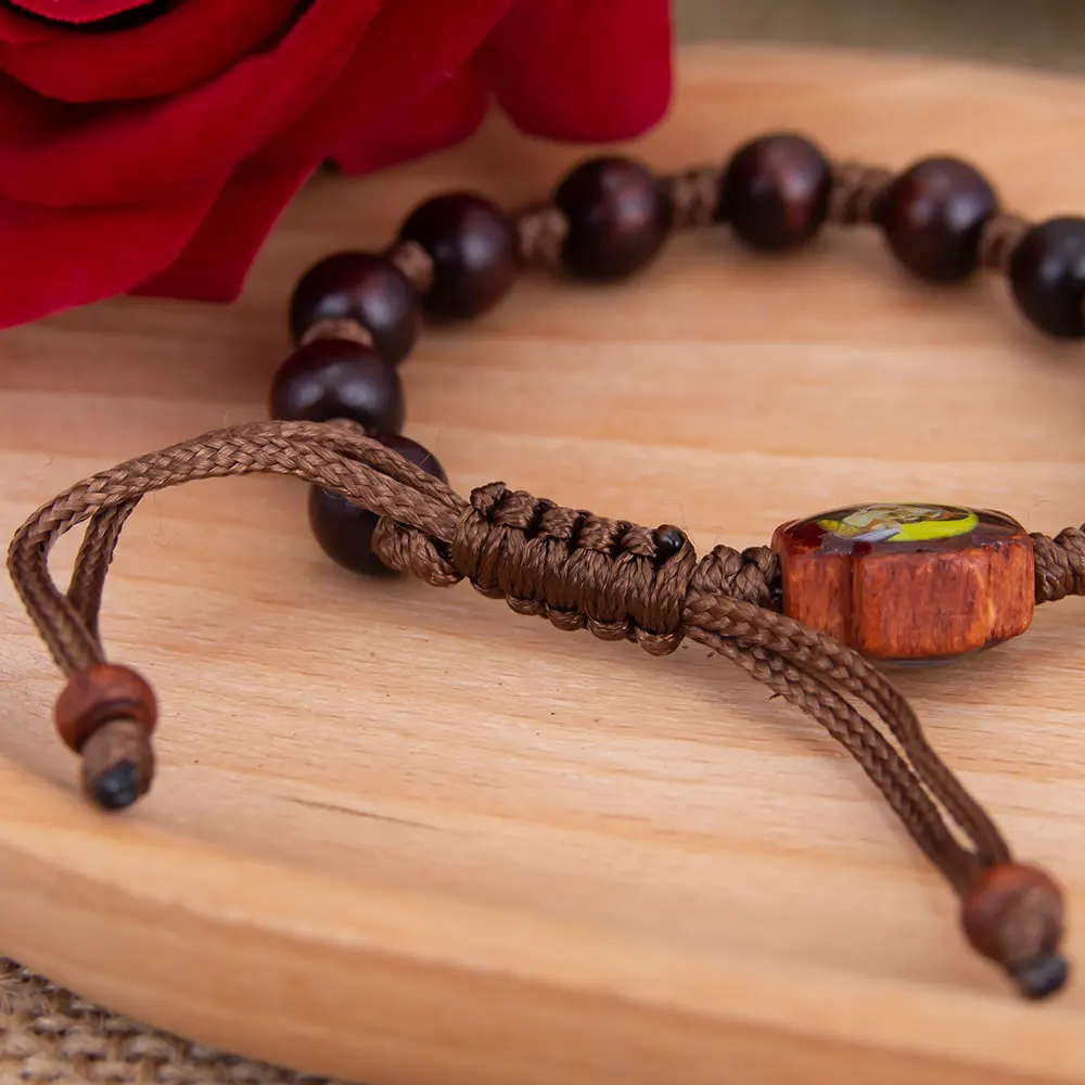 HTISOK Wooden Rosary Bracelet with Jesus & Mary Medals Handcrafted Catholic Prayer Jewelry for Faith Devotion Religion Gift