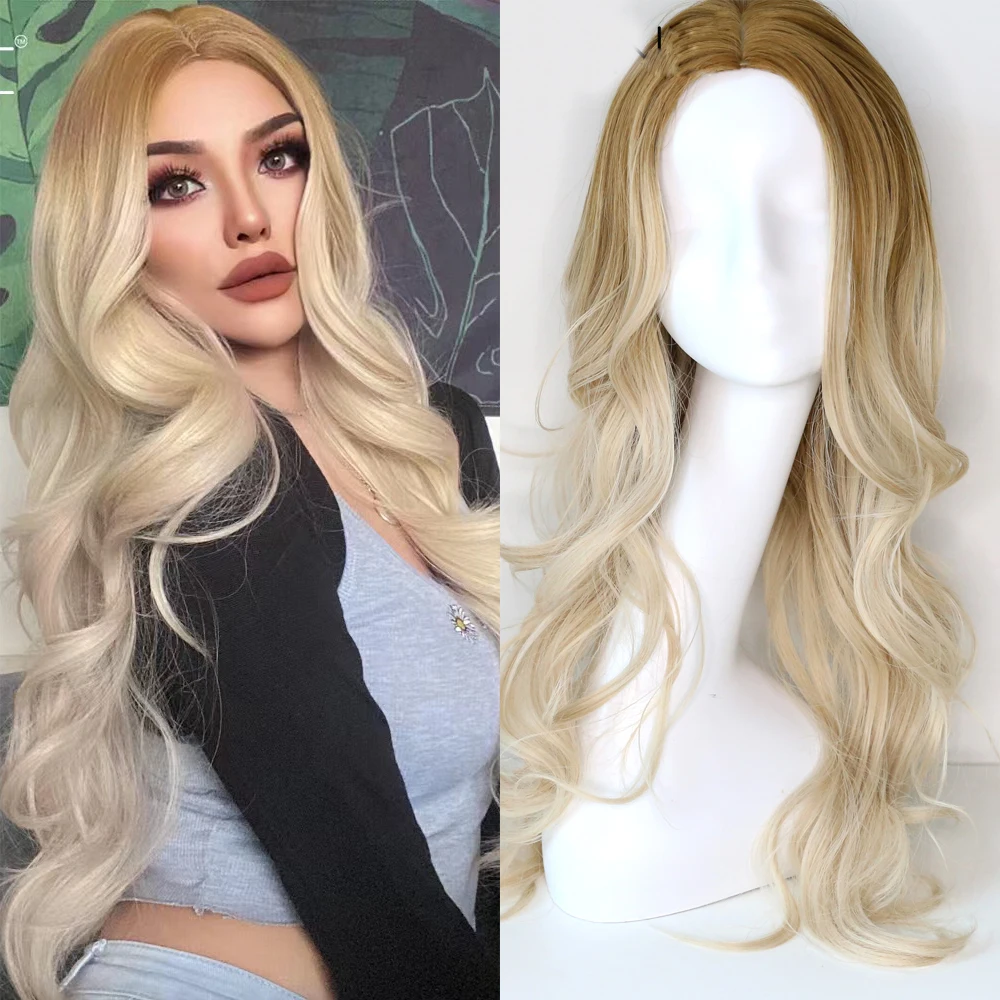 

Sivir Synthetic Wigs for Women Ombre Light Gold Color Natural Wave Middle Parting Hair Heat Resistant Cosplay/Daily/Party