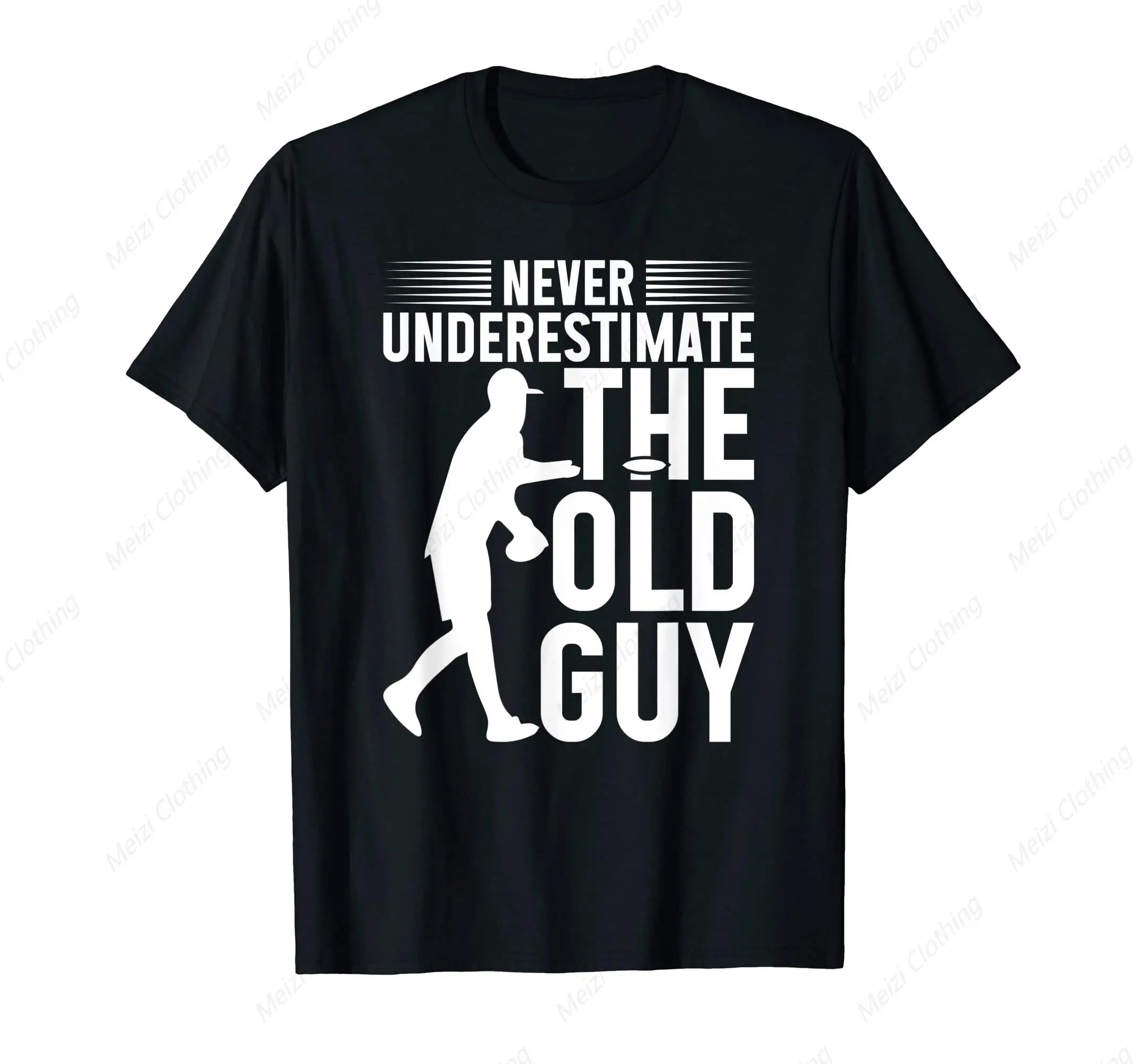 

Funny Round Golf Shirt With Fun Prints Never Underestimate The Old Guy'S T-Shirt Black Pure Cotton Short Sleeved Shirt