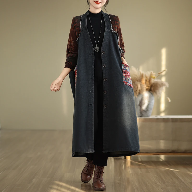 

SuperAen Vintage Patchwork Knitting Raw Edge Denim Loose Oversize Coats Women Fashion Autumn New Trench Coats