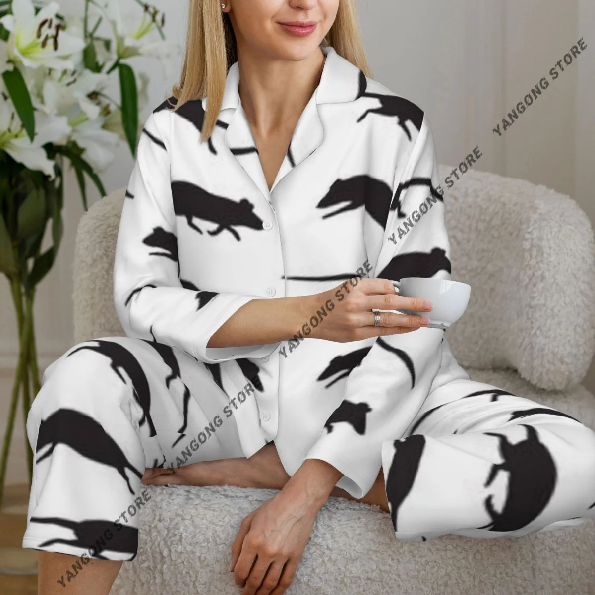 

Женские пижамы с силуэтом крыс и мышей, одежда для дома, одежда для сна из двух предметов, длинный пижамный комплект на пуговицах с длинными рукавами