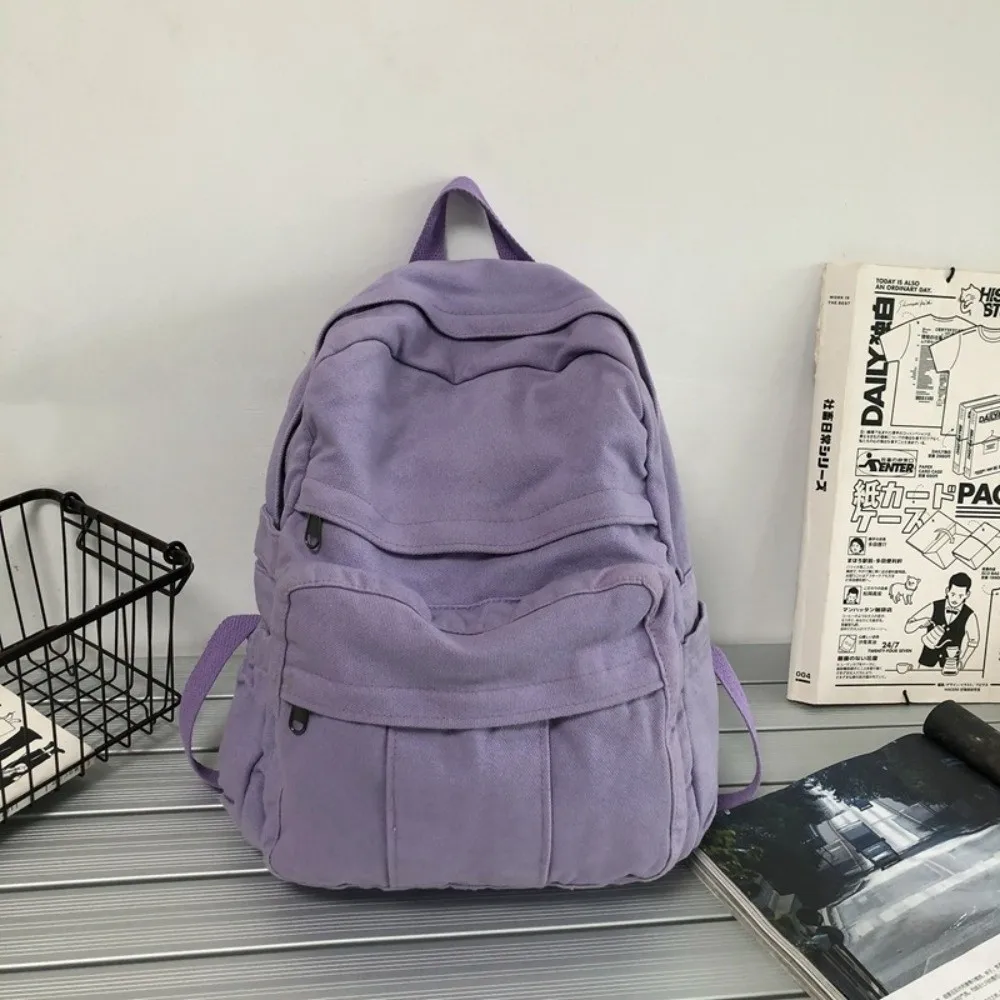 Fashion Large Capacity Canvas Backpack Solid Color Multi-Pocket Laptop Backpack Wear-resistant Lightweight Students School Bag