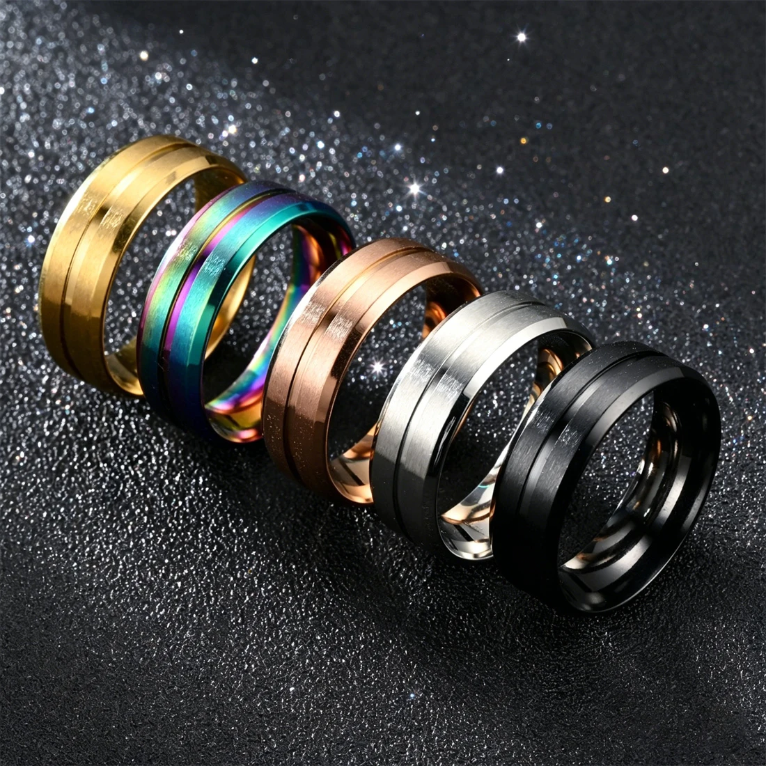 8MM Wide Multi-color Stainless Steel Ring Grooved Center Design Unisex Casual Daily Wedding Promise Band Gift for Men Women