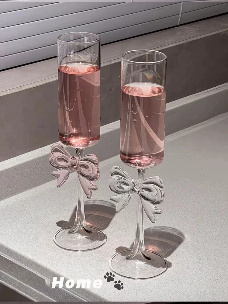 AhunderJiaz Cute Pink Bow Clear Glass Goblet Wedding Champagne Glasses Cocktail Wine Glasses Kitchen Drinkware Set