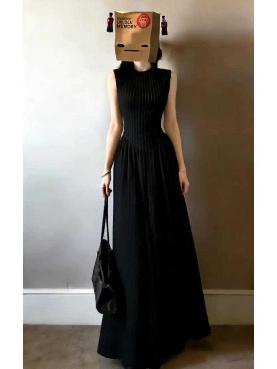 

Elegant Sleeveless round Neck Dress Spring New Women's High Waist Slimming Long Skirt Casual A-Line Dress Pure Desire Style