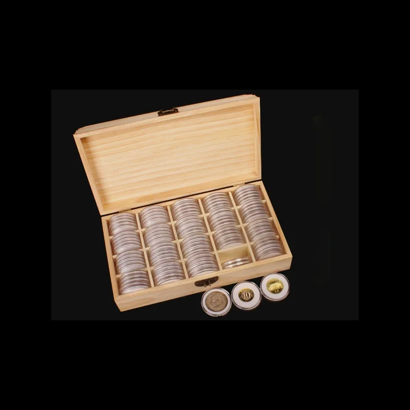 100pcs Coin Storage Box Adjustable Wooden Commemorative Coin Collection Case Container with Adjustment Pad