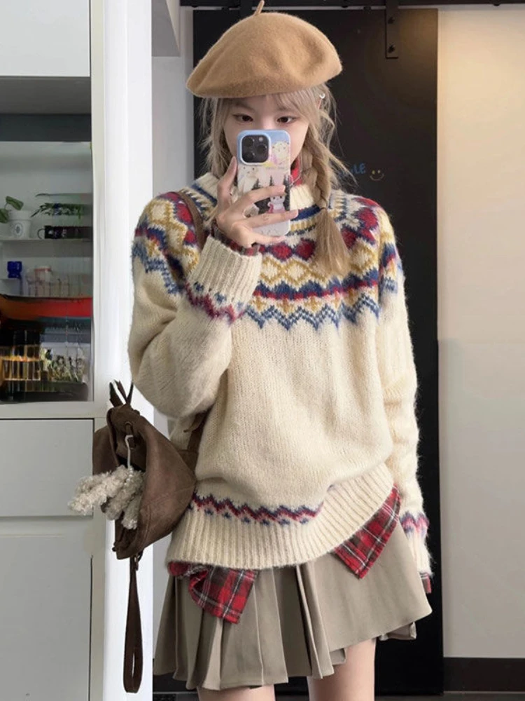 Lazy Style Pullovers Argyle Jacquard Contrast Color Autumn Winter Loose Sweater Y2k Harajuku Vintage Preppy  Women Clothing