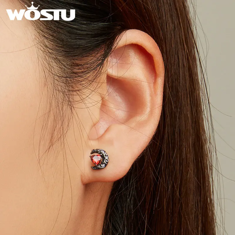 WOSTU 925 Sterling Silver Punk Black Gold Heart Red CZ Stud Earrings For Women Moon Ear Studs Halloween Collection Jewelry Gift