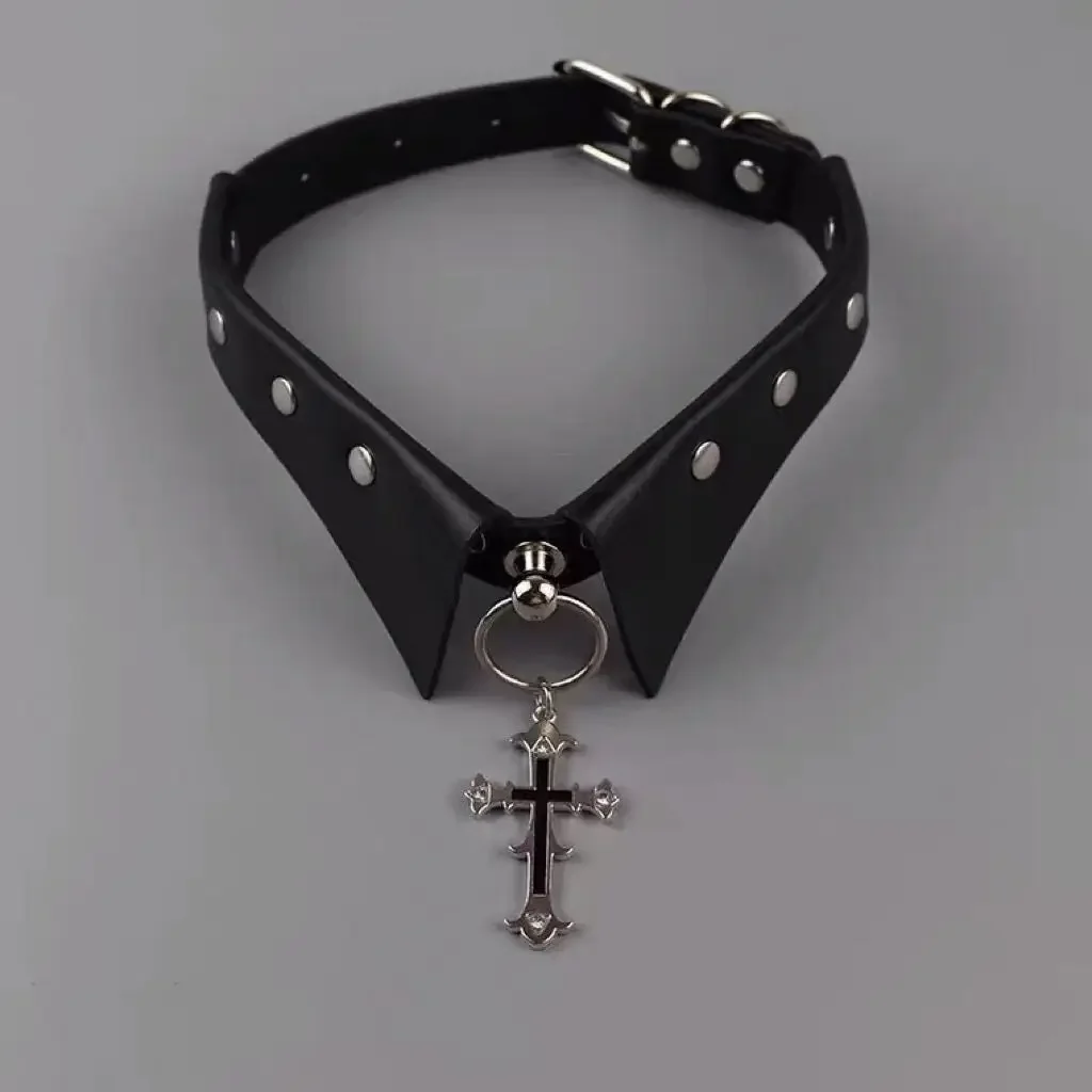 Fake collar cross collar dark goth punk choker leather ring metal babe collarbone chain