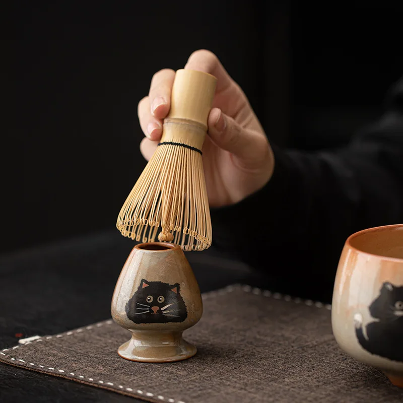 2-4PCS ​Shino-neko Creative Ceramic Matcha Set: Chasen-stand Matcha Bowl, Hyakuhon-ri Tea Scoop, and Full Whisking Tool Set.​