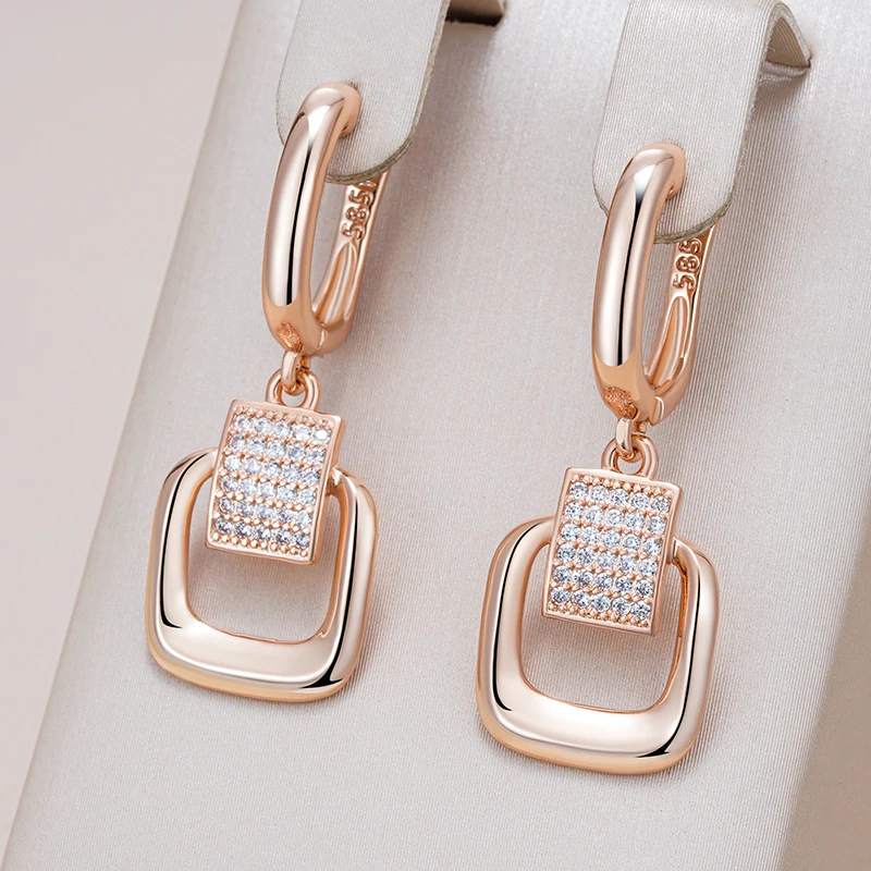 Kienl Hot 585 Rose Gold Color Glossy Metal Square Long Earring for Women Shiny Natural Zircon Accessories Trend Daily Jewelry