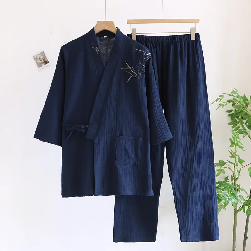 ผู้ชายชุดนอนผ้าฝ้าย 100% Loungewearฤดูใบไม้ผลิฤดูร้อนใหม่Vคอชุดนอนเซ็กซี่ไม้ไผ่พิมพ์ 2PCSกางเกงชุดนอน