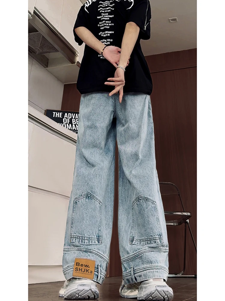 

Retro Blue Men's Denim Jeans High Waist Wide Leg Pants American Sle Straight Cut Youth Faion Water Waed Inverted Wear