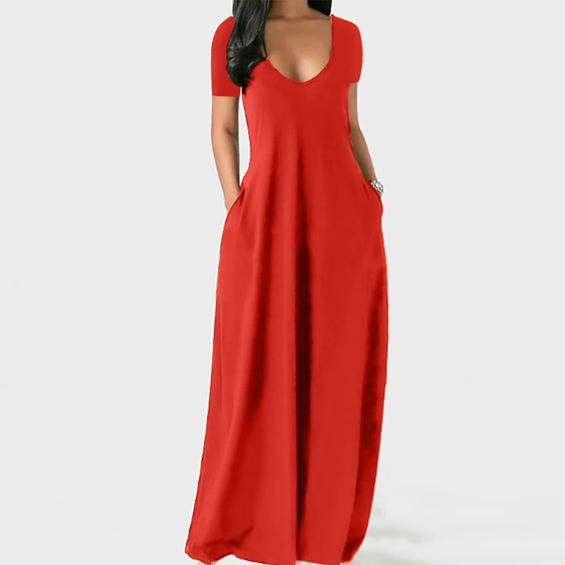 Robe maxi d'été à manches courtes pour femmes, vêtements décontractés, robe de poche taille haute, mode sexy, document solide, grande taille, 2024