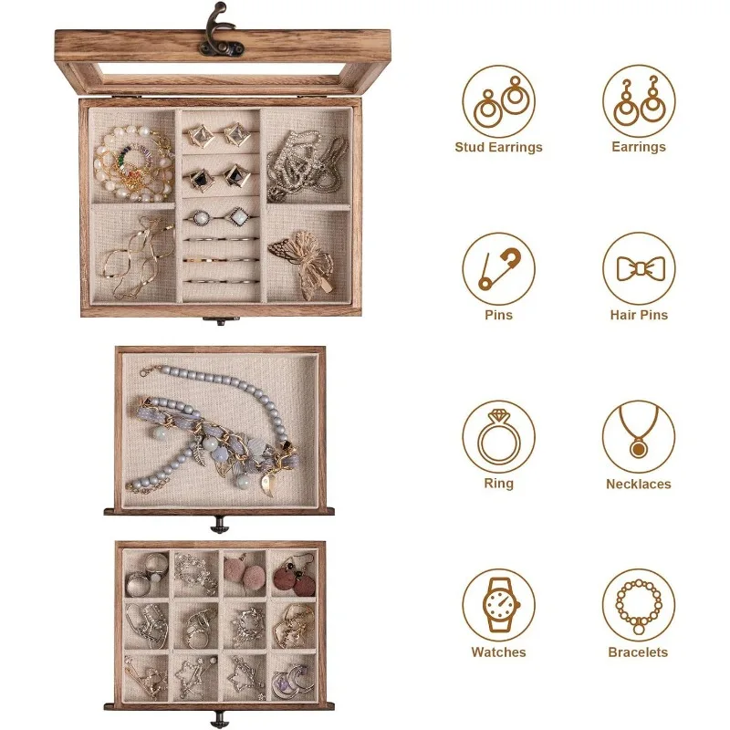 Caja de joyería de madera maciza, baratijas portátiles, cajas de almacenamiento para exhibición de joyería, organizador de pendientes, soporte para anillos, escaparate, caja de pulseras