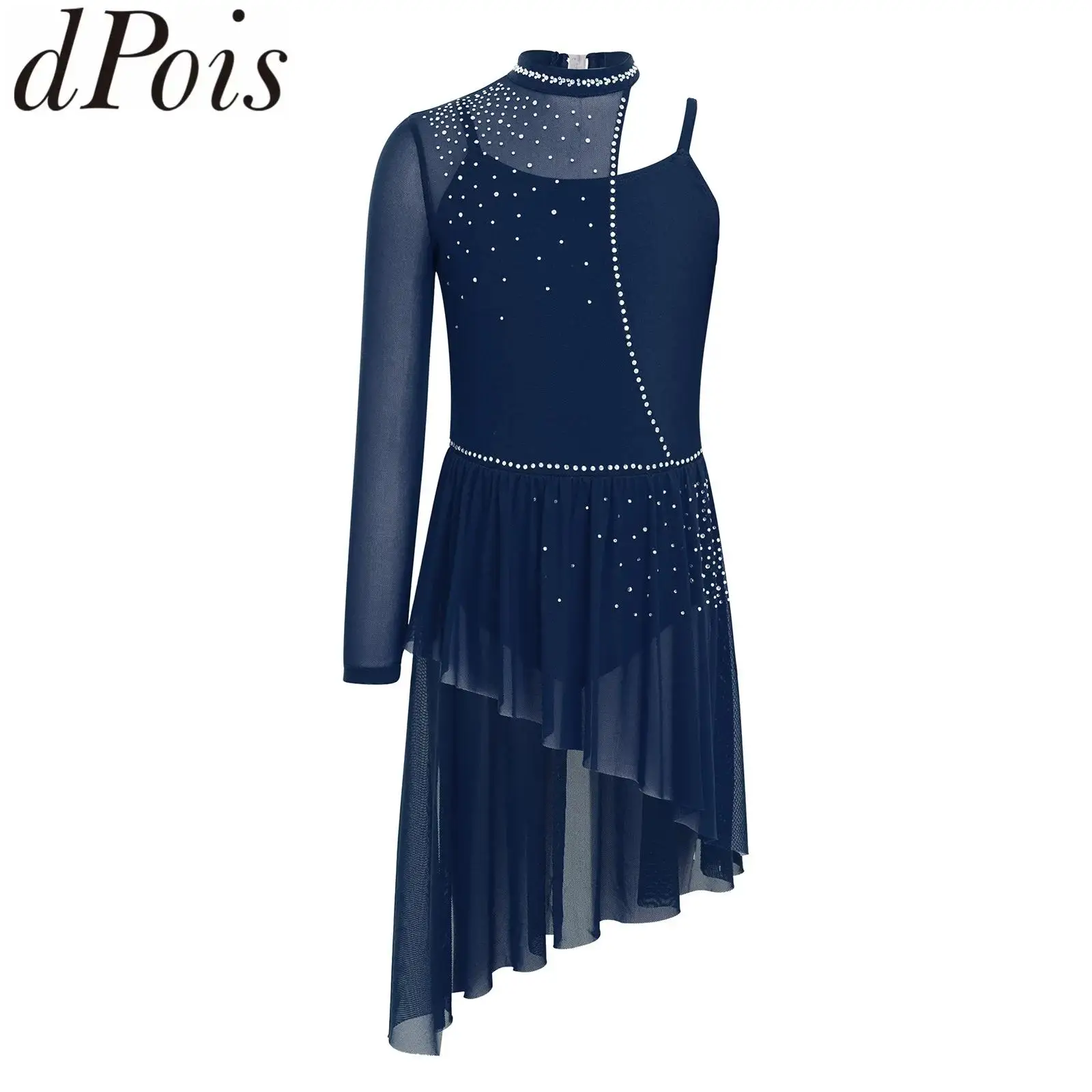

Kids Girls Figure Skating Lyrical Ballet Modern Dance Dress One Long Sleeve Bodysuit Patchwork Sheer Mesh Skirt Dress Dancewear