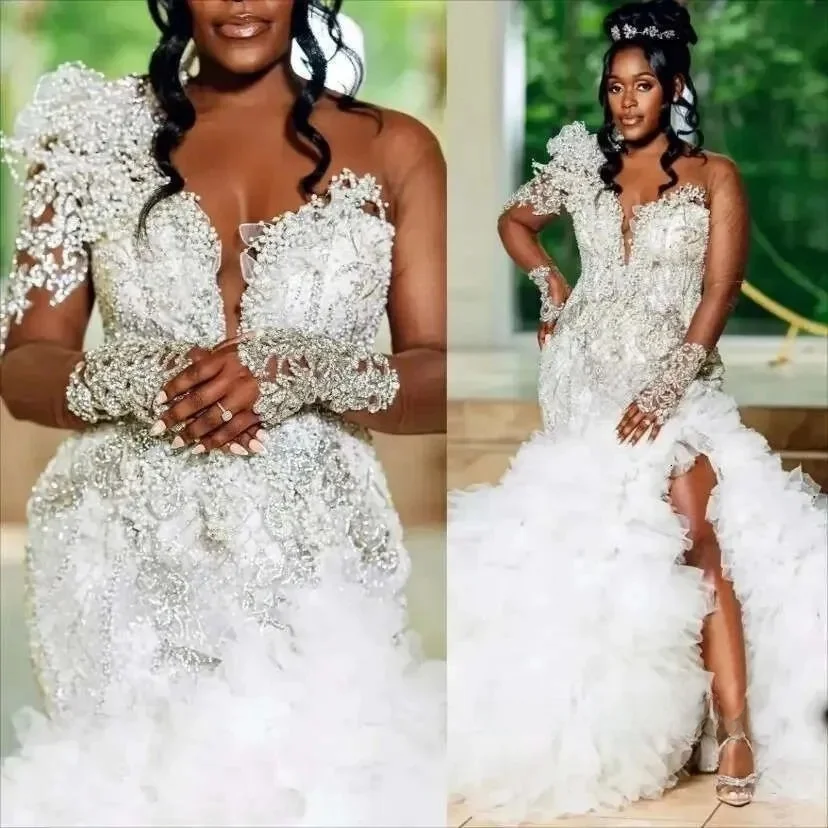 Customized Mermaid Wedding Dress Appliques Beaded Crystals Pearls Tiers Plus Size African Bridal Gowns Dresses