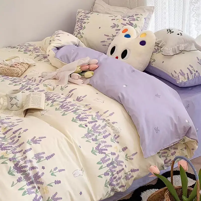 Ins Floral Bedding Set with Duvet Cover Flat Sheet Pillowcases New Summer No Filler Full Queen Size Hotel Home Soft Bed Linens