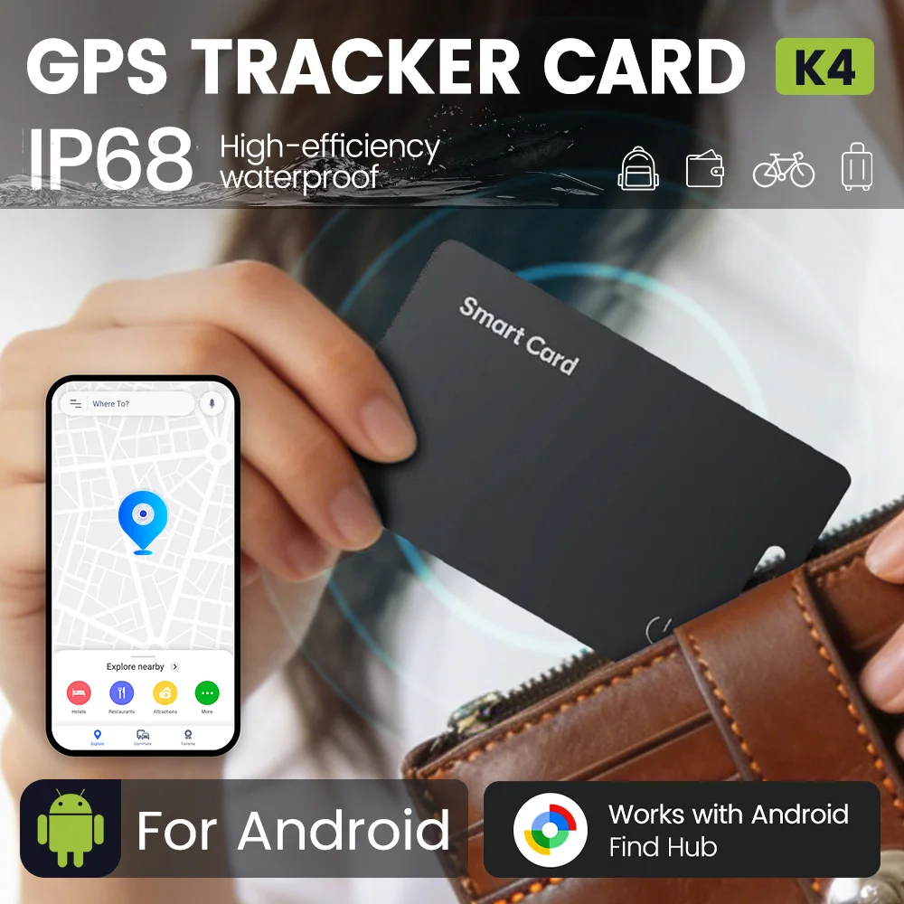 Wallet Tracker Card, Anti-Loss GPS Bluetooth Smart Tag, Wireless Charge, for Google Find Hub(Android), Mini Locator Keys Pet Bag