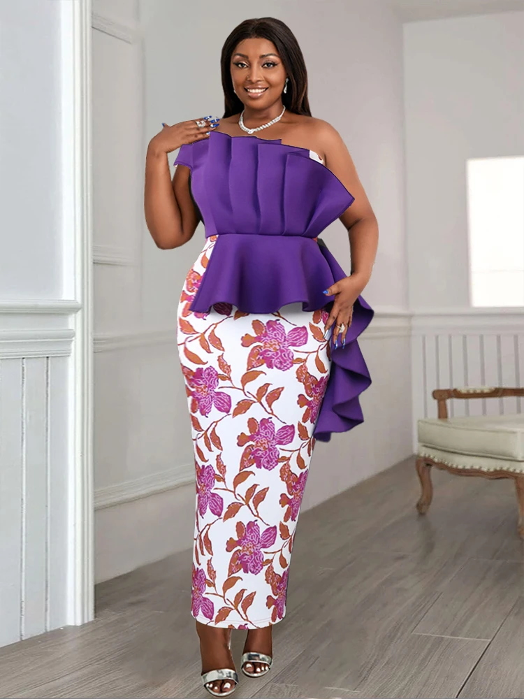 

Big Size 4XL Purple Dresses One Shoulder Ruffles Floral Printed Robes Bodycon Outfits Women Evening Birthdya Party Event Gowns