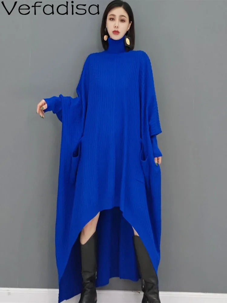 

Vefadisa 2024 Autumn/Winter New Blue Women Sweater Dress Turtleneck Batwing Sleeve Irregular Dress Simple Fashion Dress ZXY787A