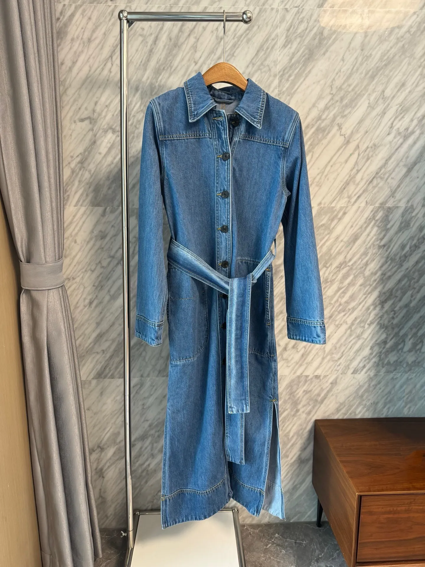

Spring 2026 Vintage Pocket Detail Denim Dress Long Sleeve H-Line Cotton Gauze Classical Style Women's Dress Fashionable Skirt