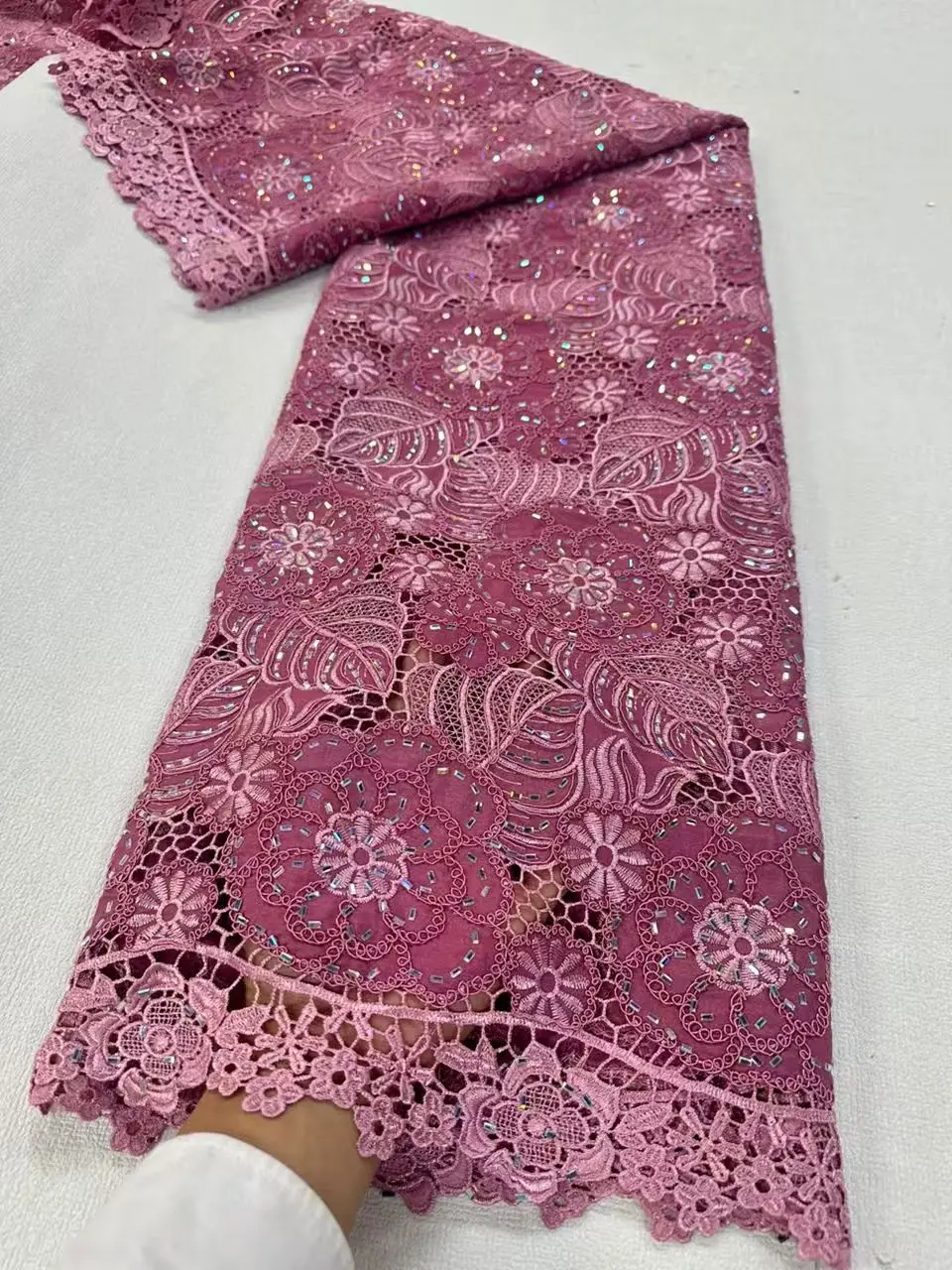 

New African Lace Fabric 5 Yards High Quality 2025 Nigerian Cord Chiffon Lace Fabrics White Tulle Fabric For Wedding Dress H161-1