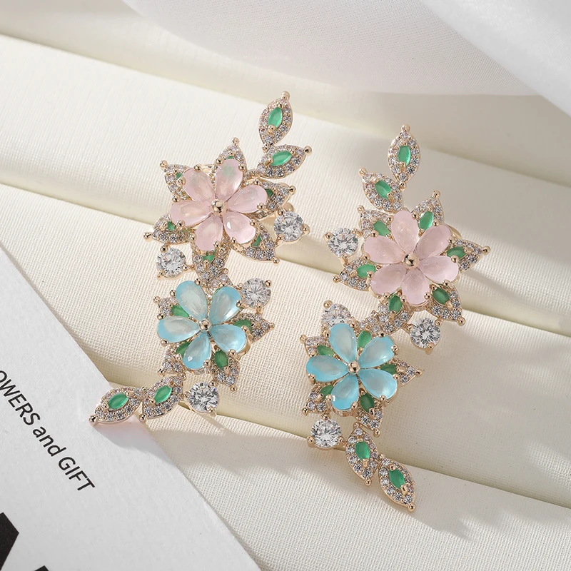 

SENYU Pink Waterdrop CZ Flower Earrings Luxury Flowers Wedding Leaf Cuff Earring High Quality Dubai Jewelry for Brides