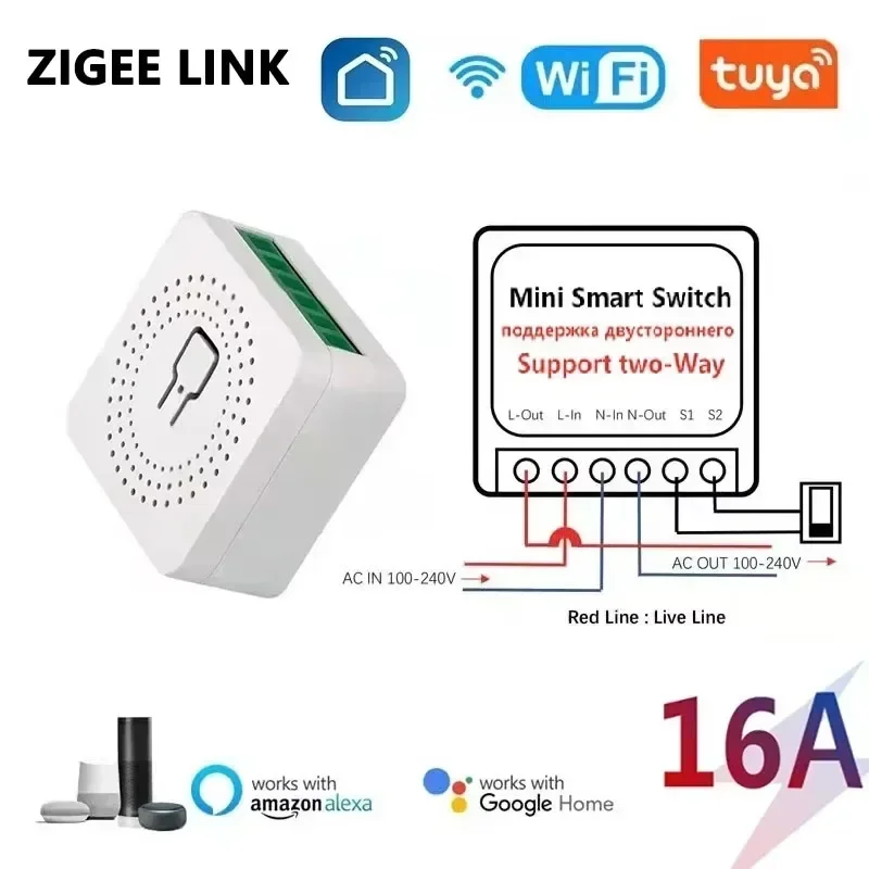 Tuya 16A WiFi Mini Smart Switch DIY 2-Way Control Module Automation Timing Voice Control Smart Home Work with Alexa Google Alice