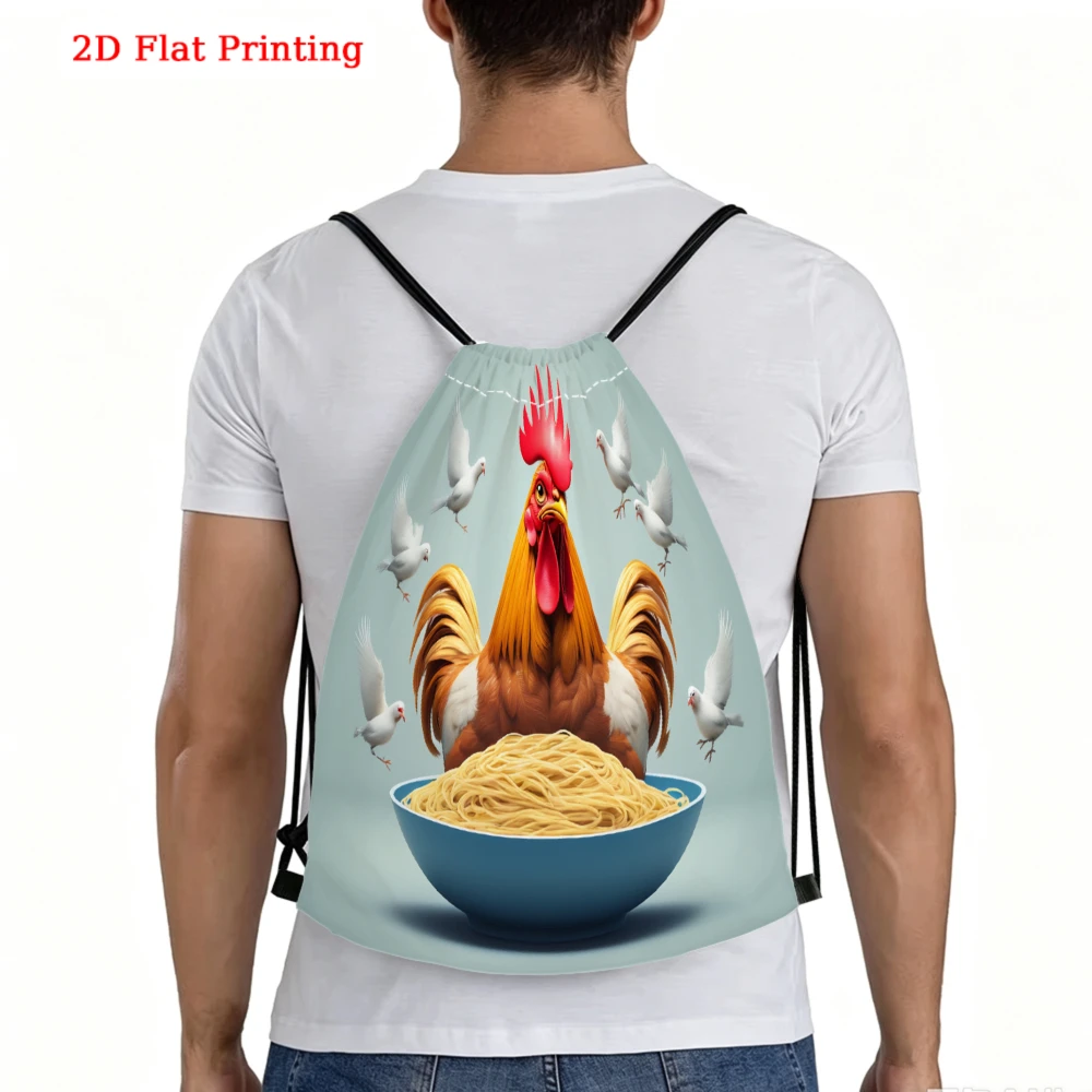 2D Flat Printing, Drawstring Backpack, Rooster And Noodles Pattern, Fitness Sports Backpack, Outdoor Travel Drawstring Bag