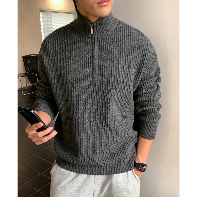 

American Sle Zipper Knitted Long Sve Men's Pullover High Collar Loose Fit Casual Sweater Outerwear Polyester Fiber Winter
